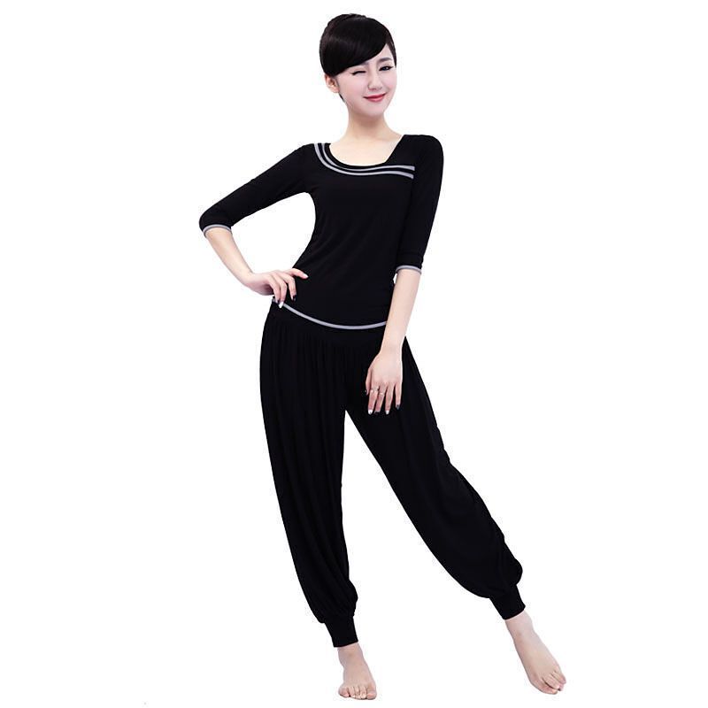 运动户外秋冬广场舞蹈服愈加健身宽松瑜伽服套装女灯笼裤_3 L 黑色+深灰