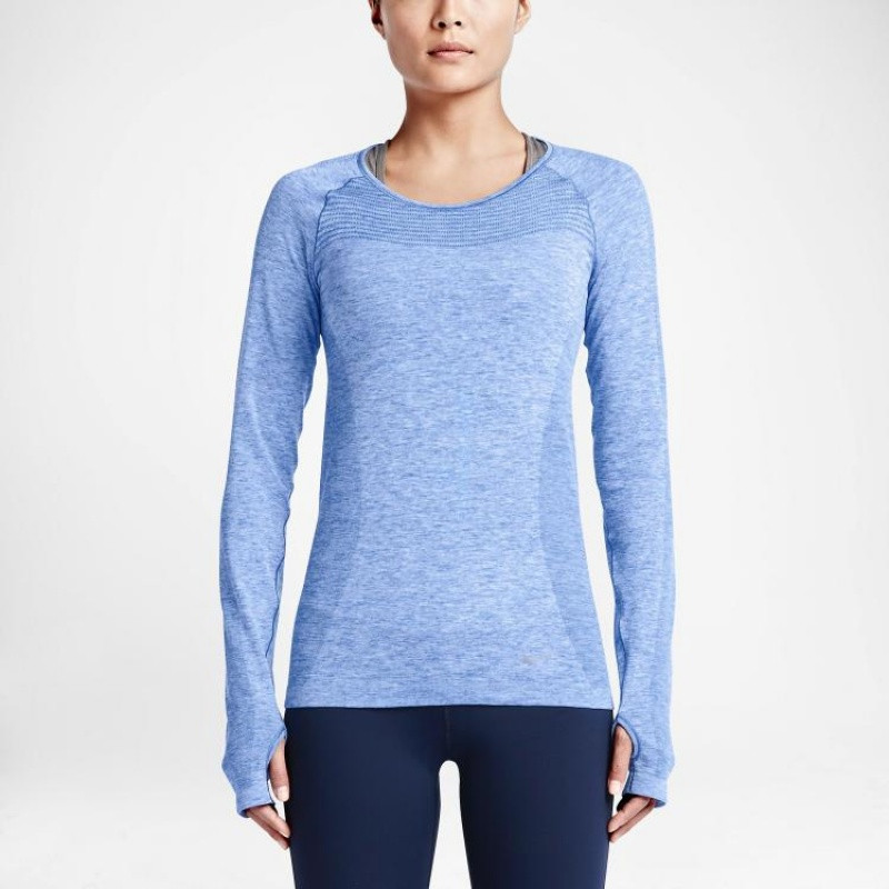 NIKE耐克DRI-FIT女跑步速干针织衫长袖T恤-718583-486 S 蓝色