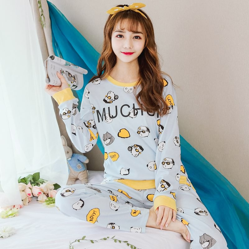 茵珠麗YinZhuli 2018长袖女士睡衣春秋季韩版可外穿针织棉女生家居服套装女 春秋天少女时尚休闲居家服8433 XL 9号款