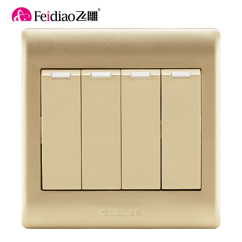 飞雕（FEIDIAO）开关插座面板家用墙壁套餐二三5五孔10A电源插座A3香槟金86型一开单控开关 A3-86香槟金套装 四开单