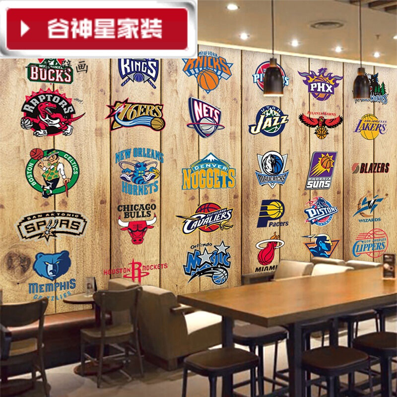 洋子（YangZi）（LANMiu）NBA队标壁纸个性背景墙餐厅客厅球迷酒吧墙纸复古大型壁_1 拼接高还原写真布