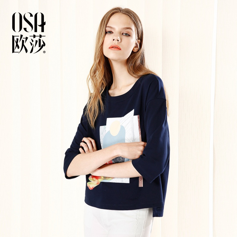 OSA欧莎2017秋装新款女装印花宽松圆领棉T恤显瘦时尚七分袖上衣 S 藏蓝色