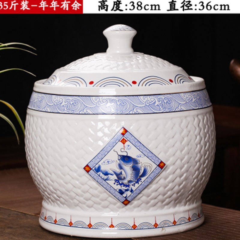 景德镇陶瓷米桶米缸10kg20斤厨房大米面粉带盖防潮防虫密封储物罐多色多款多功能时尚创意床_1 35斤装-年年有余