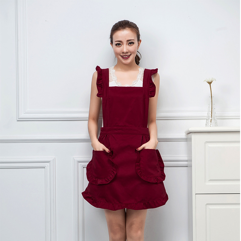 韩版时尚荷叶边美容美甲师花店创意烘培厨房防污可爱围裙订制LOGO 酒红色