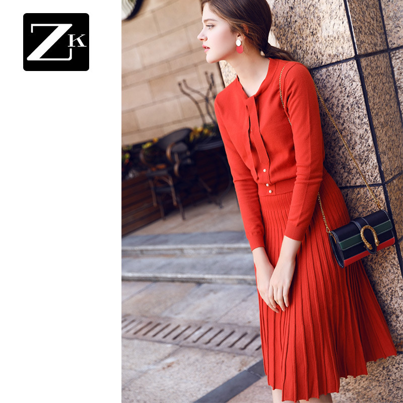 ZK针织连衣裙chic两件套装裙毛衣时髦女装中长款秋冬2018春装新款 XL 橘红