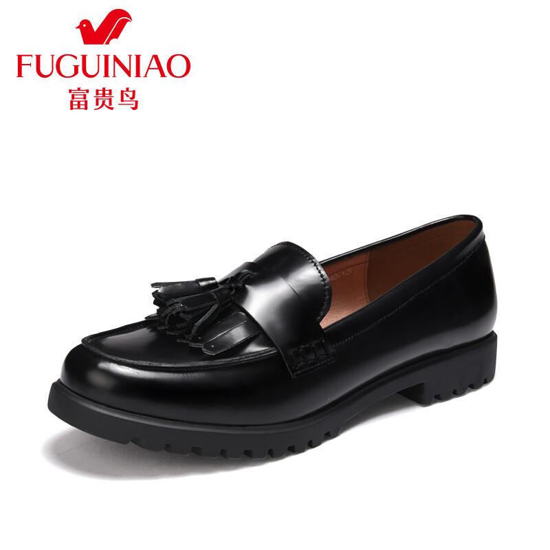 富贵鸟（FUGUINIAO）休闲鞋女头层牛皮复古流苏女鞋 黑色 37