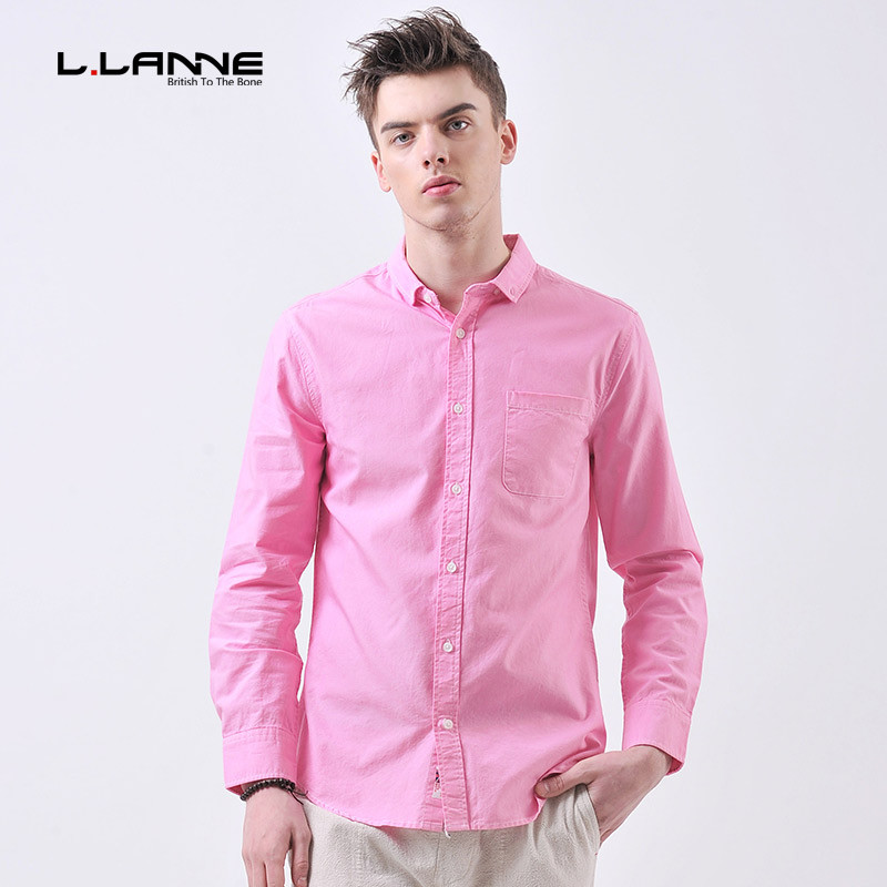 LLANNE衬衫男长袖修身春季牛津纺衬衣男士休闲寸衫青年称衫寸衣潮 S 粉红色