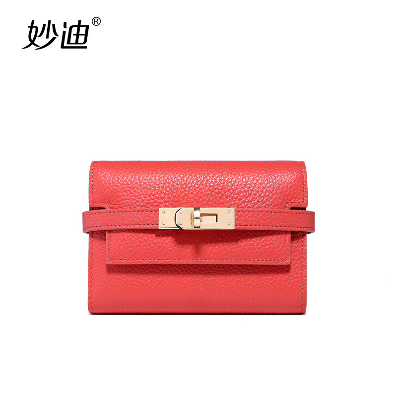 妙迪2018新款牛皮钱包三折多功能搭扣女式短款折叠真皮手拿包 西瓜红