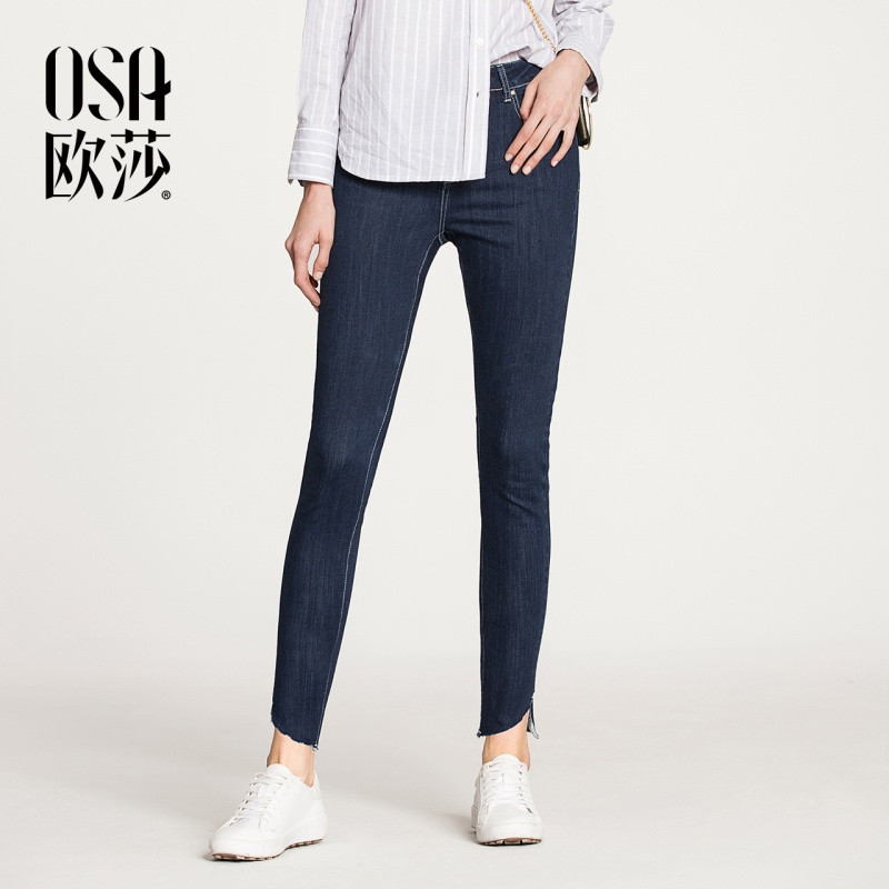 OSA欧莎2018春装新款女装直筒简约时尚舒适牛仔长裤A53007 L 牛仔蓝色