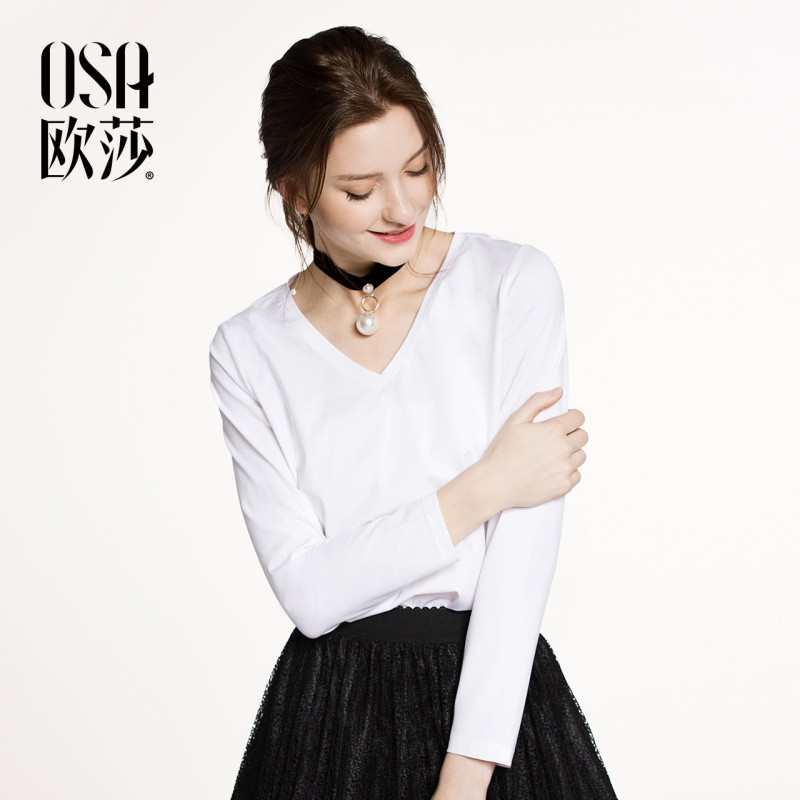 OSA欧莎2018春装新款女装简约时尚V领舒适长袖T恤A11023 M 纯白色