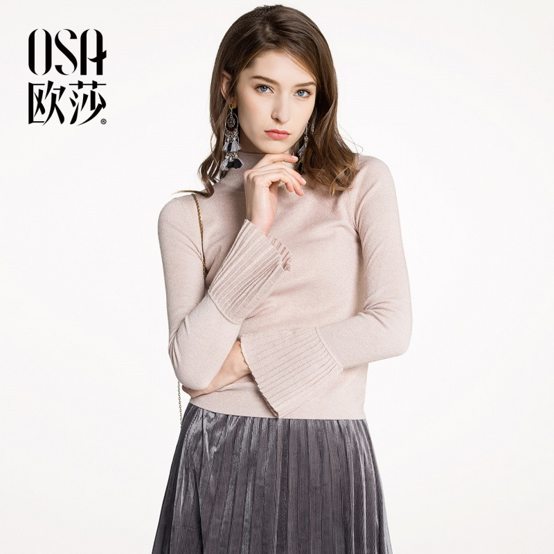 OSA欧莎2018春装新款百褶袖口高领柔软针织衫A16042 S 粉色