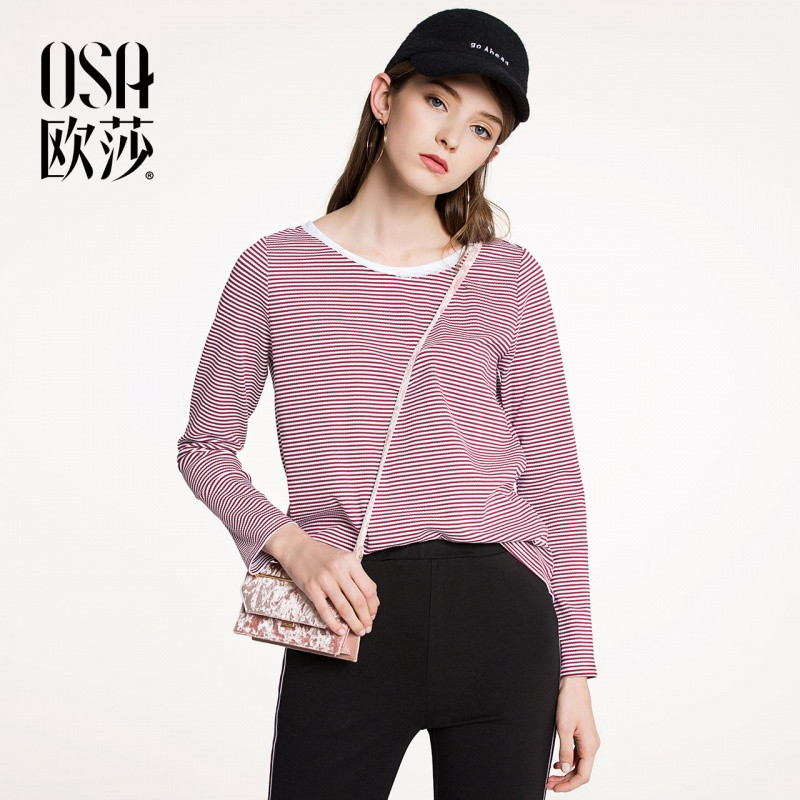 OSA欧莎2018春装新款红白条纹圆领简洁长袖T恤A11013 XL 红白条色