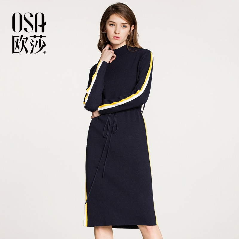 OSA欧莎2018春装新款针织弹力舒适连衣裙A13008 S 藏蓝色