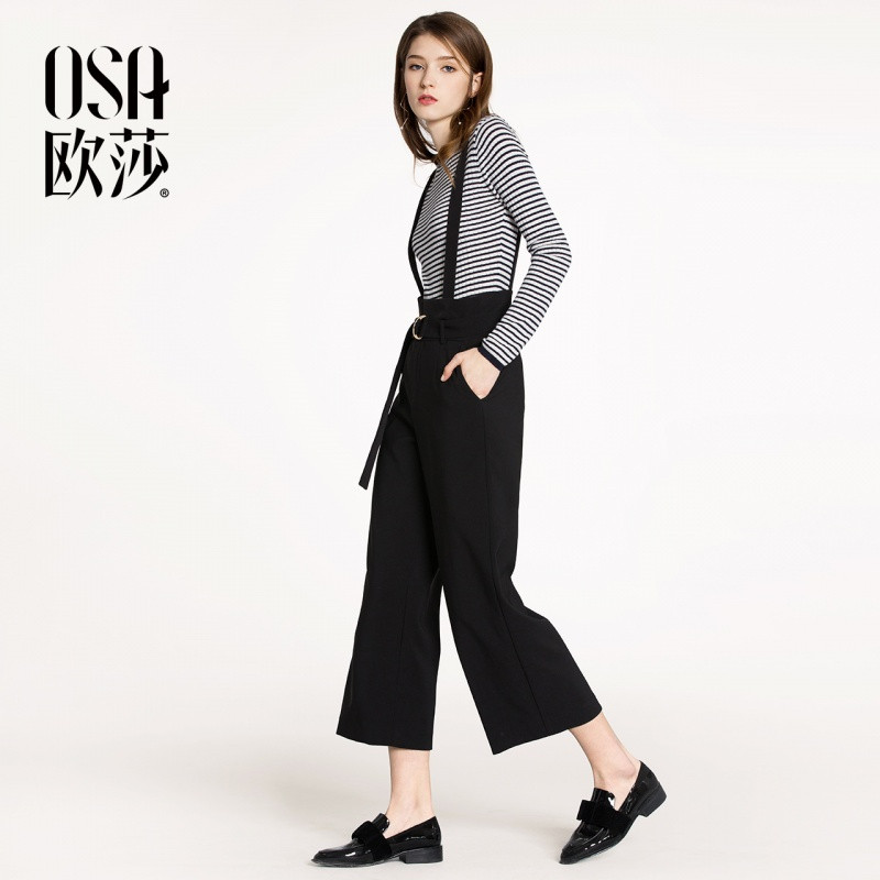 OSA欧莎2018春装新款女装时尚个性背带休闲裤 L 黑色