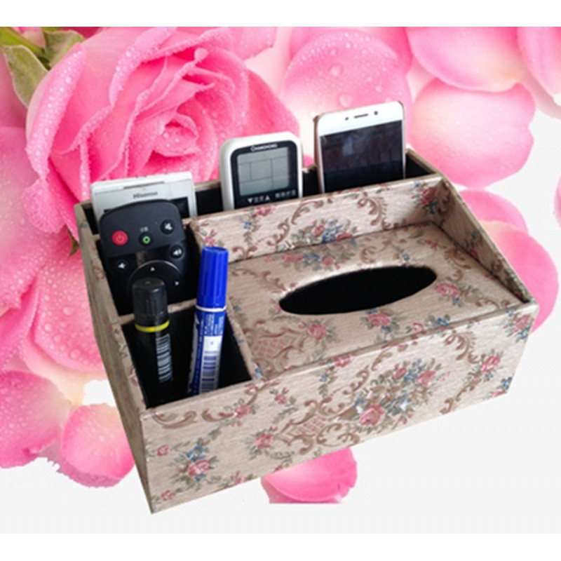 多功能手机遥控器收纳盒欧式抽纸盒客厅家用纸抽盒茶几木_3 香槟色花团锦簇一体