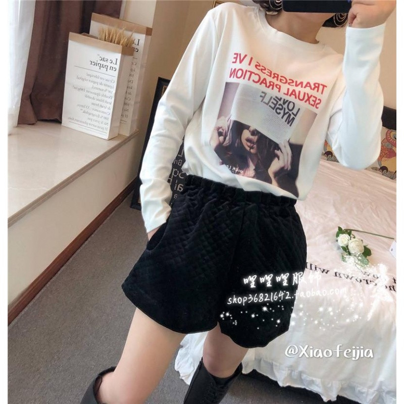 18款式2018早春新款圆领长袖加绒加厚白色棉T恤美女字母印花打底衫女装t 均码 读报女孩