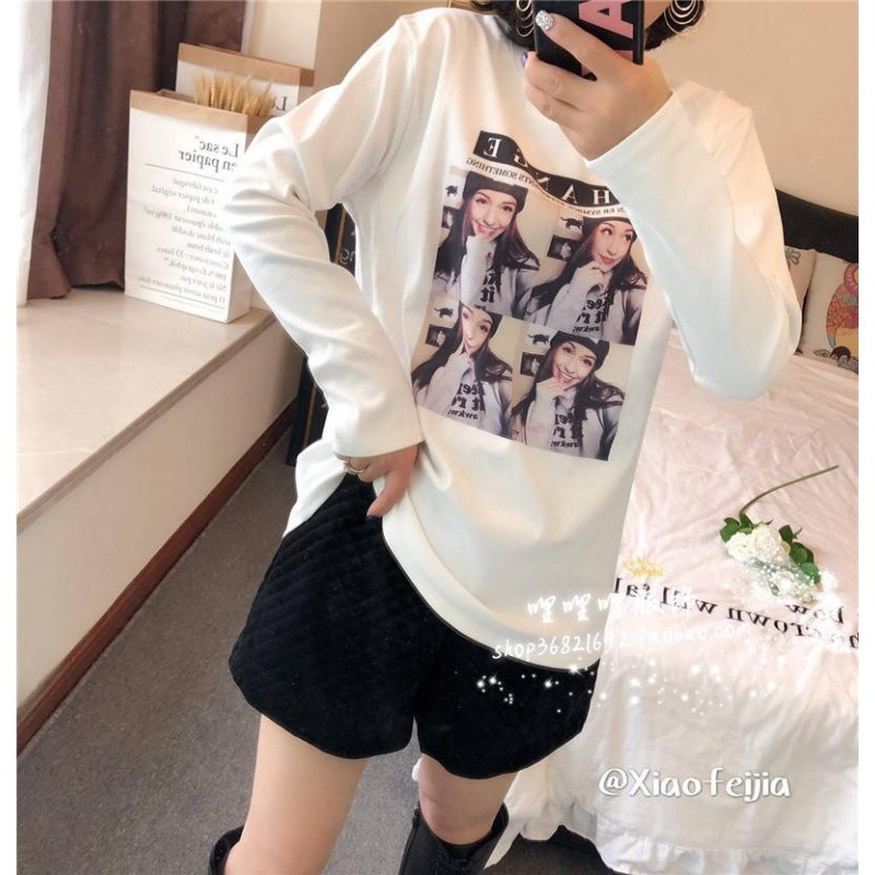 18款式2018早春新款圆领长袖加绒加厚白色棉T恤美女字母印花打底衫女装t 均码 四连拍女孩