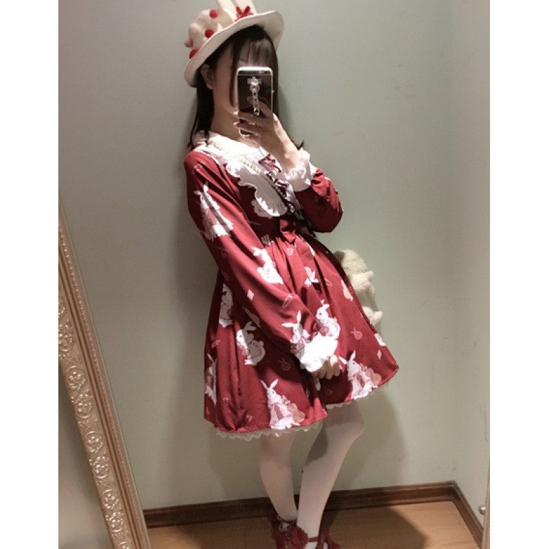 18款式日系软妹可爱lolita复古少女乐器兔印花酒红色软妹连衣裙 M 长袖酒红色