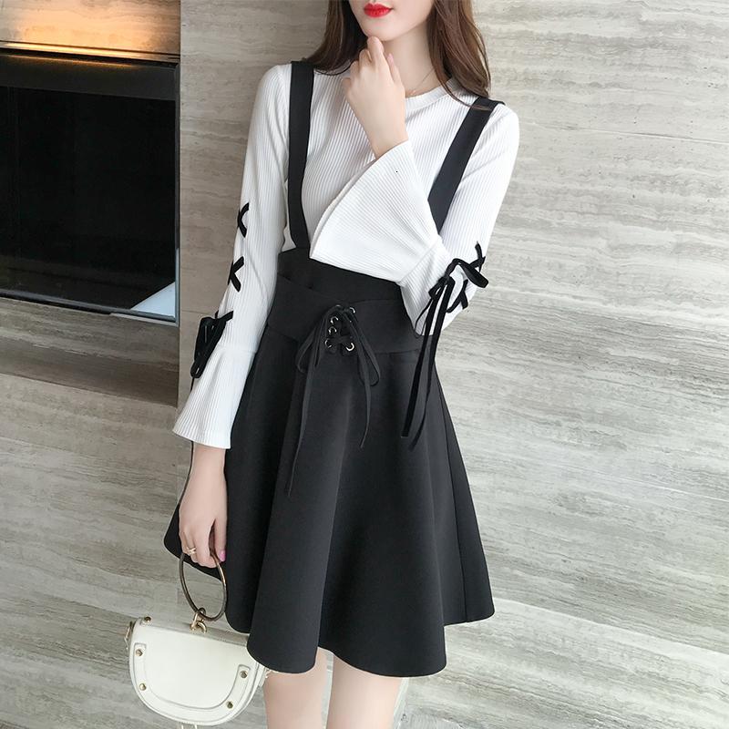 18款式小香风套装女2018春季新款学院风连衣裙修身显瘦学生背带裙两件套_5 2XL 白色+黑色