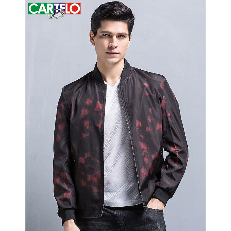 卡帝乐鳄鱼春装夹克衫男士棒球领印花修身韩版夹克外套新品KNJA1811H 红色 175/L