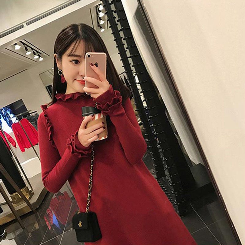 18款式2018秋冬季新款女装小香风红色针织内搭打底连衣裙小心机显瘦裙子 M 酒红色