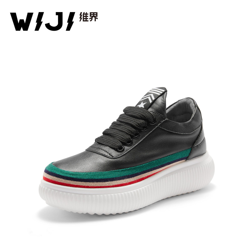 WIJI 春季时尚户外运动厚底平底系带低帮板鞋真皮拼色休闲女鞋潮_SJO68 黑色 40