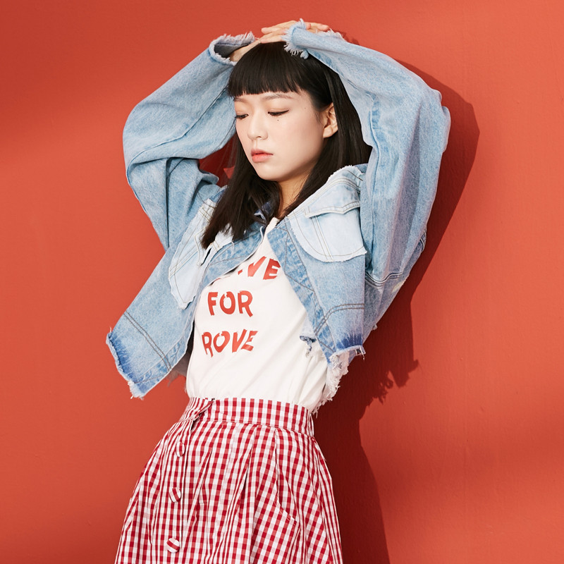 森宿Y春装2018新款文艺撞色水洗毛边破洞牛仔外套短款女A8104002 XL 复古牛仔蓝