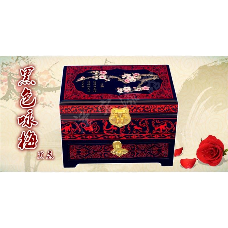 平遥推光漆器首饰盒木质复古带锁结婚收纳实木三层抽屉纯手工_1 黑色花开富贵21堆鼓
