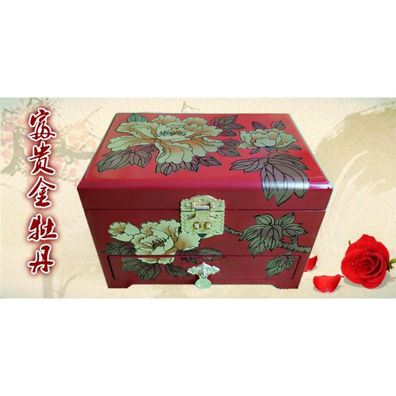 平遥推光漆器首饰盒木质复古带锁结婚收纳实木三层抽屉纯手工_1 红色富贵金牡丹21堆鼓