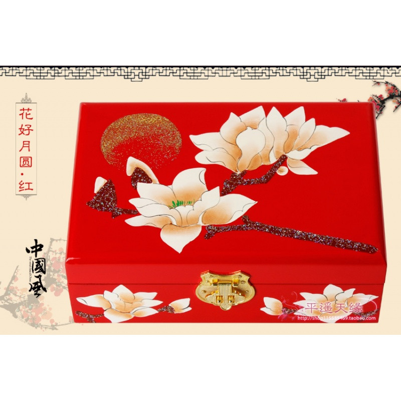 平遥漆器首饰盒木质中式民俗复古典结婚新娘化梳妆首饰收纳盒带锁_1 画好月圆-红