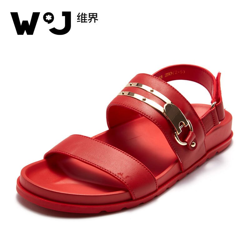 维界闪耀时尚金属横带牛皮凉鞋 红色 39