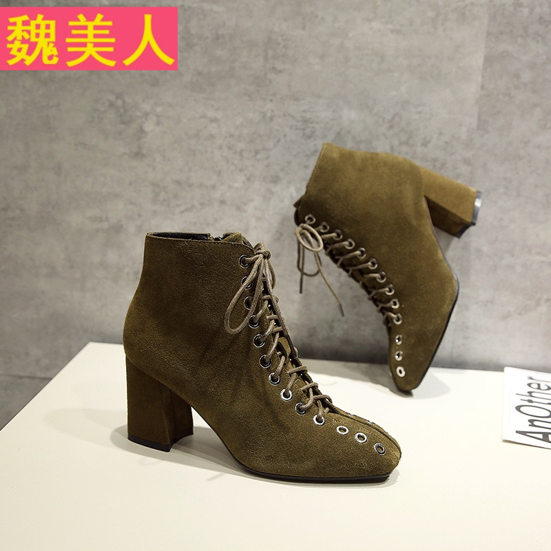 秋冬款新品单靴真皮女鞋靴高跟短筒靴子粗跟女式短靴切尔西靴裸靴 绿色单内里 34