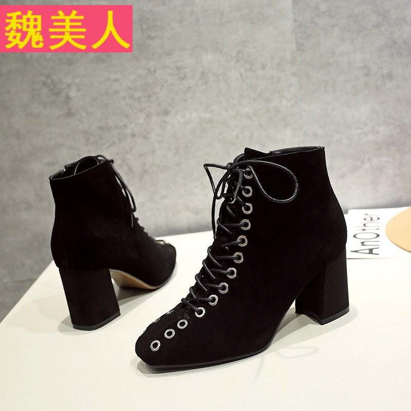 秋冬款新品单靴真皮女鞋靴高跟短筒靴子粗跟女式短靴切尔西靴裸靴 黑色.单内里 37