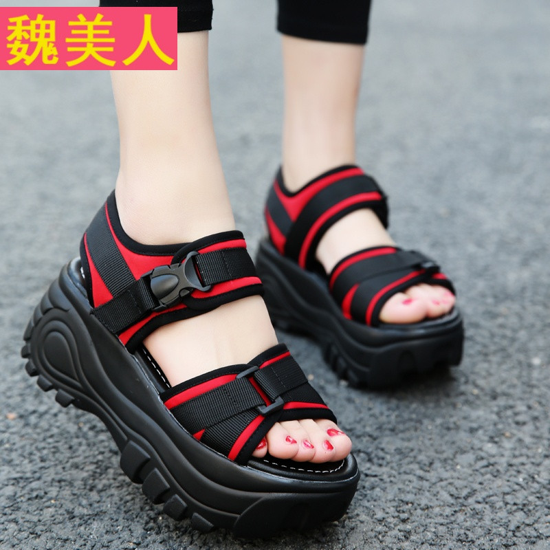 2017夏季厚底凉鞋女坡跟松糕鞋新款韩版休闲运动凉鞋罗马摇摇鞋 红色 38