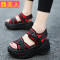 2017夏季厚底凉鞋女坡跟松糕鞋新款韩版休闲运动凉鞋罗马摇摇鞋 红色 38