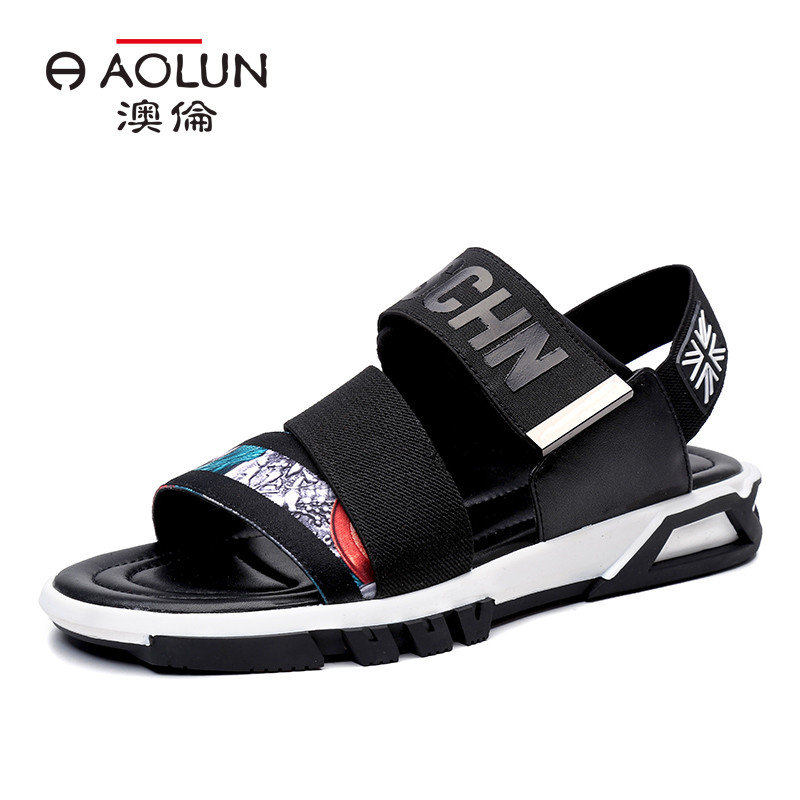 Aolun/澳伦男鞋夏季时尚撞色 黑色潮流韩版型男士凉鞋字母印花透气舒适防滑沙滩鞋百搭 黑色 43