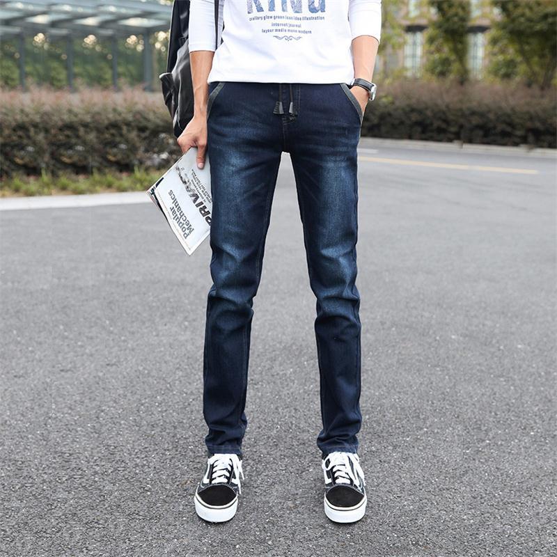 18款式初中学生13松紧腰牛仔裤男14高中15系带16男孩17青少年18岁长裤子 34 深蓝色8063不加绒