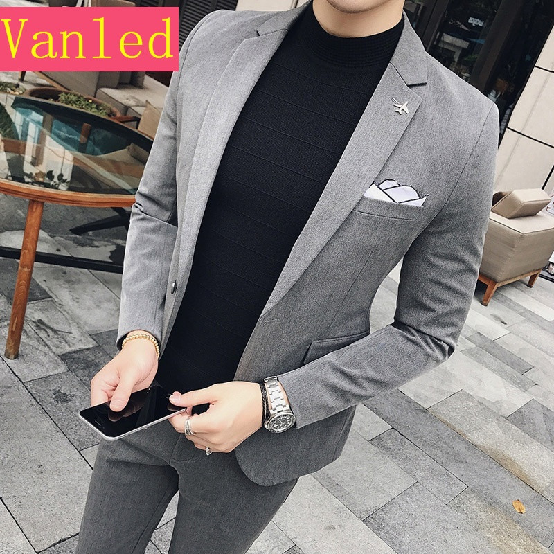 男士韩版西服套装青年商务正装新郎结婚礼服西装三件套修身英伦潮_2 50(L) 灰色