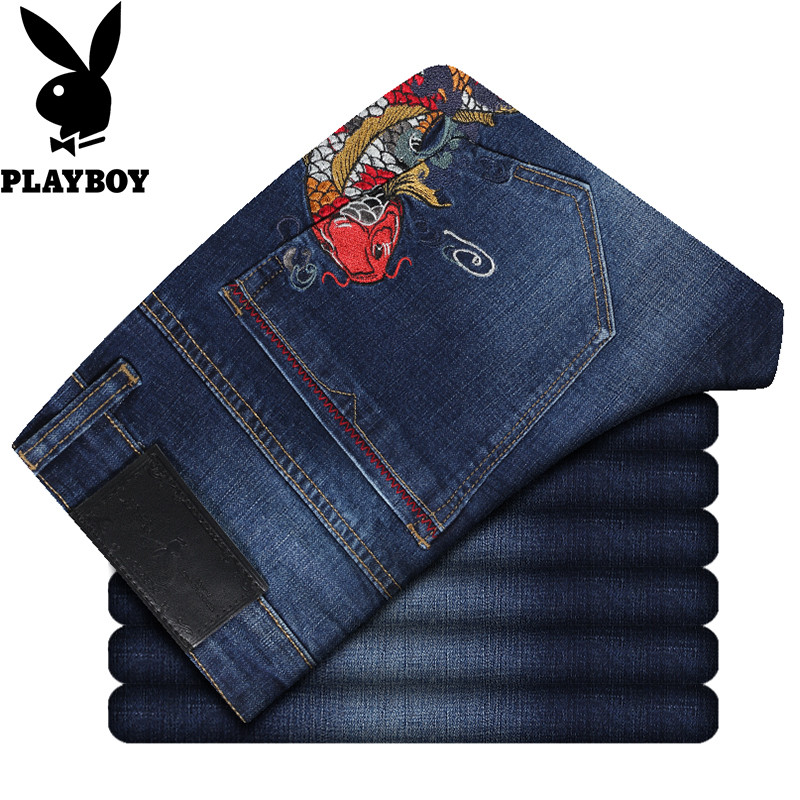花花公子2018夏季刺绣花牛仔裤男修身帅气男士直筒潮流新款长裤子 30/170 蓝色