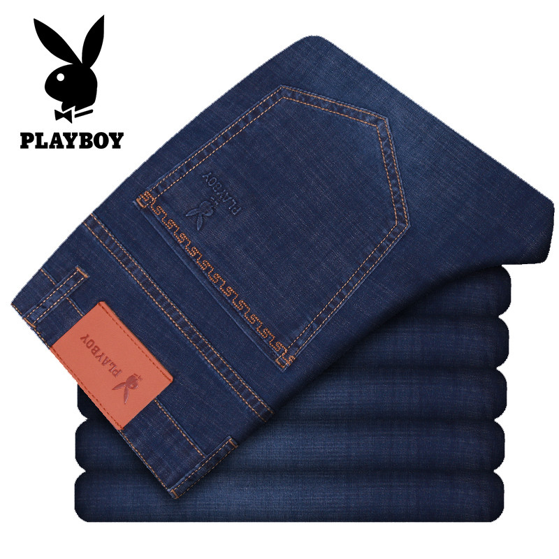 天丝花花公子牛仔裤男士夏季薄款修身直筒男裤商务休闲牛仔长裤子 31 中蓝