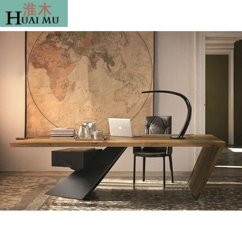 淮木（HUAIMU）工作台老板桌简约现公家具美式铁艺实木电脑桌办公桌书桌160*70*75_3 180*80*75厚度8cm