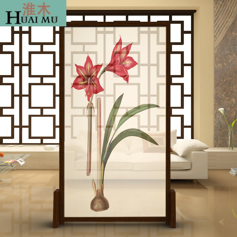淮木（HUAIMU）北欧实木屏风客厅玄关隔断家具酒店办公室屏风中式兰花风水座屏红色兰花白蜡 白色兰花白蜡木100*180CM