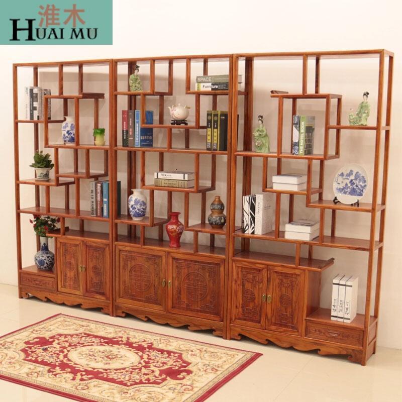 淮木（HUAIMU）博古架实木中式多宝阁仿古客厅置物架古董架展示架榆木茶叶陈列架三组合+木_9 三组合+木架包装