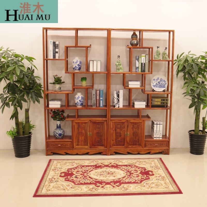 淮木（HUAIMU）博古架实木中式多宝阁仿古客厅置物架古董架展示架榆木茶叶陈列架三组合+木_9 左右两组合+木架包组
