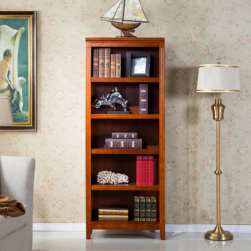 美式实木书架书柜简约现代组合简易收纳欧式书橱置物架储物展示柜五层黑色0.6-0.8米宽 五层蜜糖色