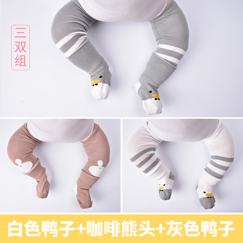 3双装婴儿袜子春秋新生儿0-3个月6全棉宝宝长筒袜过膝儿童薄款护腿袜套 1-3岁/M码 白色鸭+咖啡熊+灰色鸭