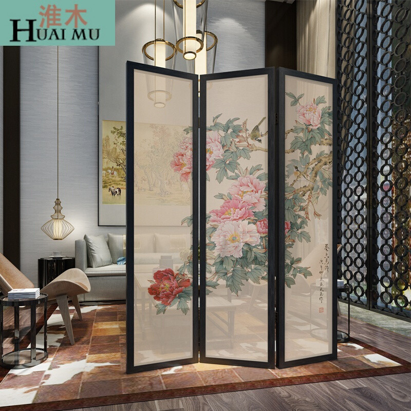 淮木（HUAIMU）中式屏风实木折屏隔断客厅办公餐厅茶楼屏风半透牡丹系列 单扇45*180cm胡桃木