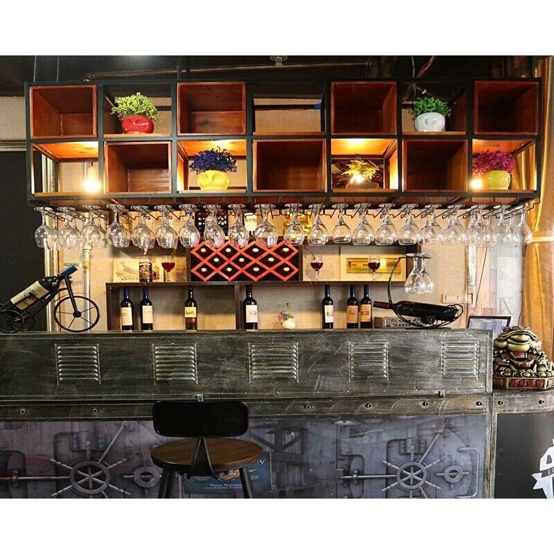 工业风酒柜餐厅酒架壁挂酒柜吊顶悬挂酒架铁艺酒杯架实木悬挂杯架_1 吊架210*30*65配7个盒7块板