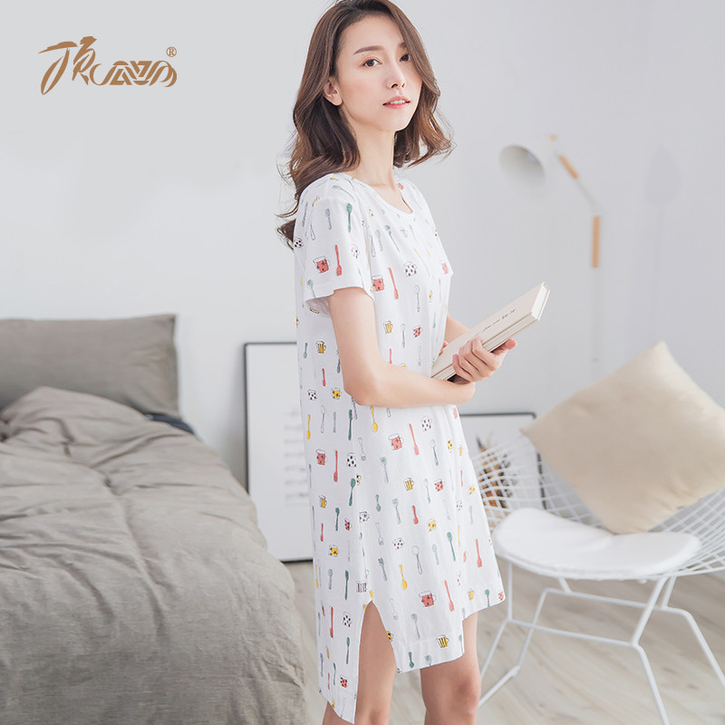 顶瓜瓜纯棉睡裙女春夏薄款 印花可爱卡通韩版宽松短袖家居裙新品_KXS40 170 白色