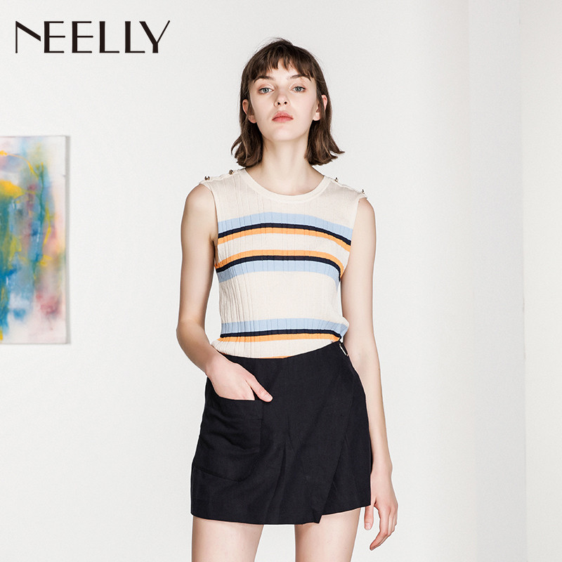 Neelly/纳俪2018夏季新款条纹显瘦舒适无袖针织T恤_1 XL 晴空蓝